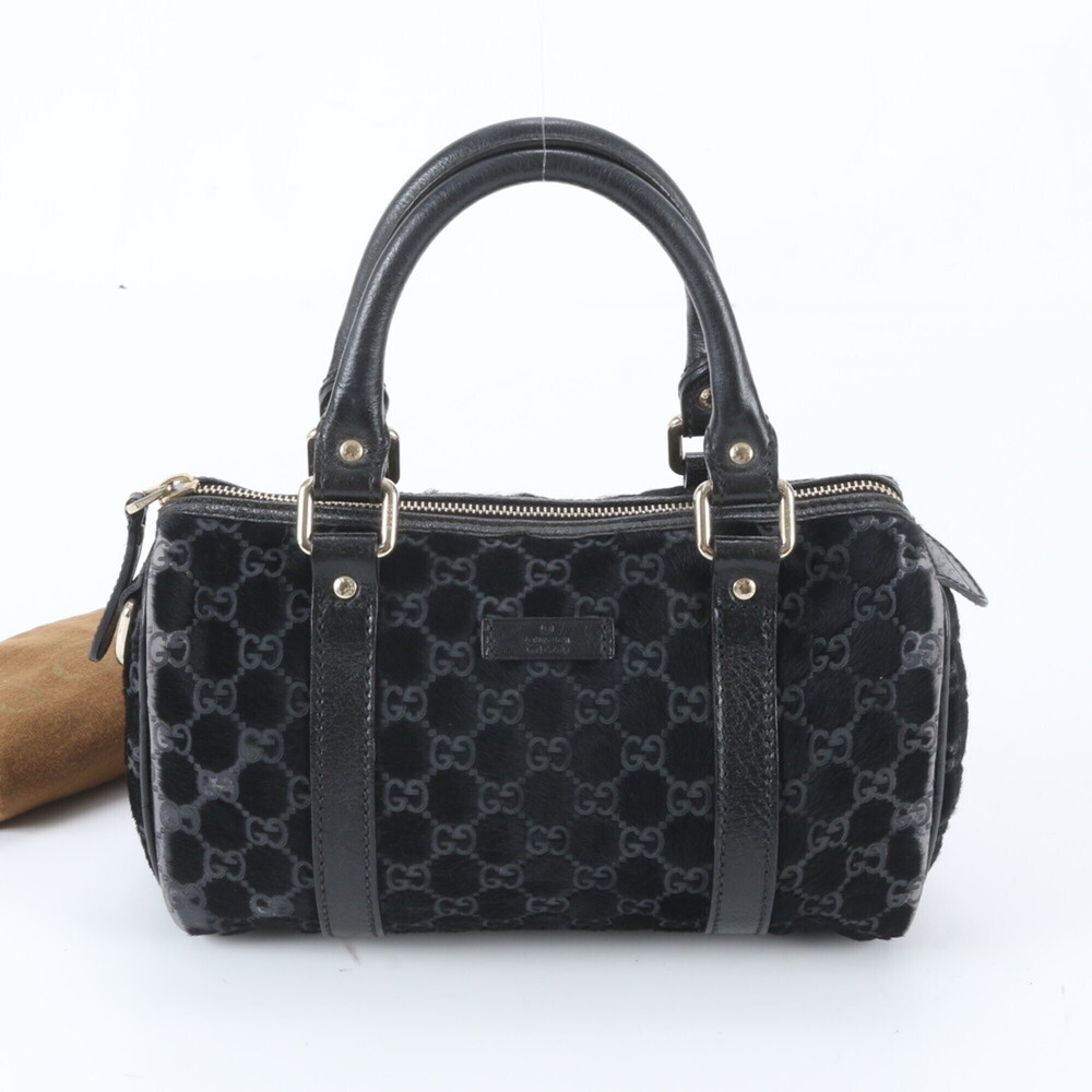 Gucci GG Canvas Calf Hair Mini Boston Bag 193604 Leather Handbag Tote Black W...